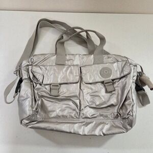 Kipling Metallic Silver Crinkle Nylon Messenger Bag Satchel with Monkey Keychain